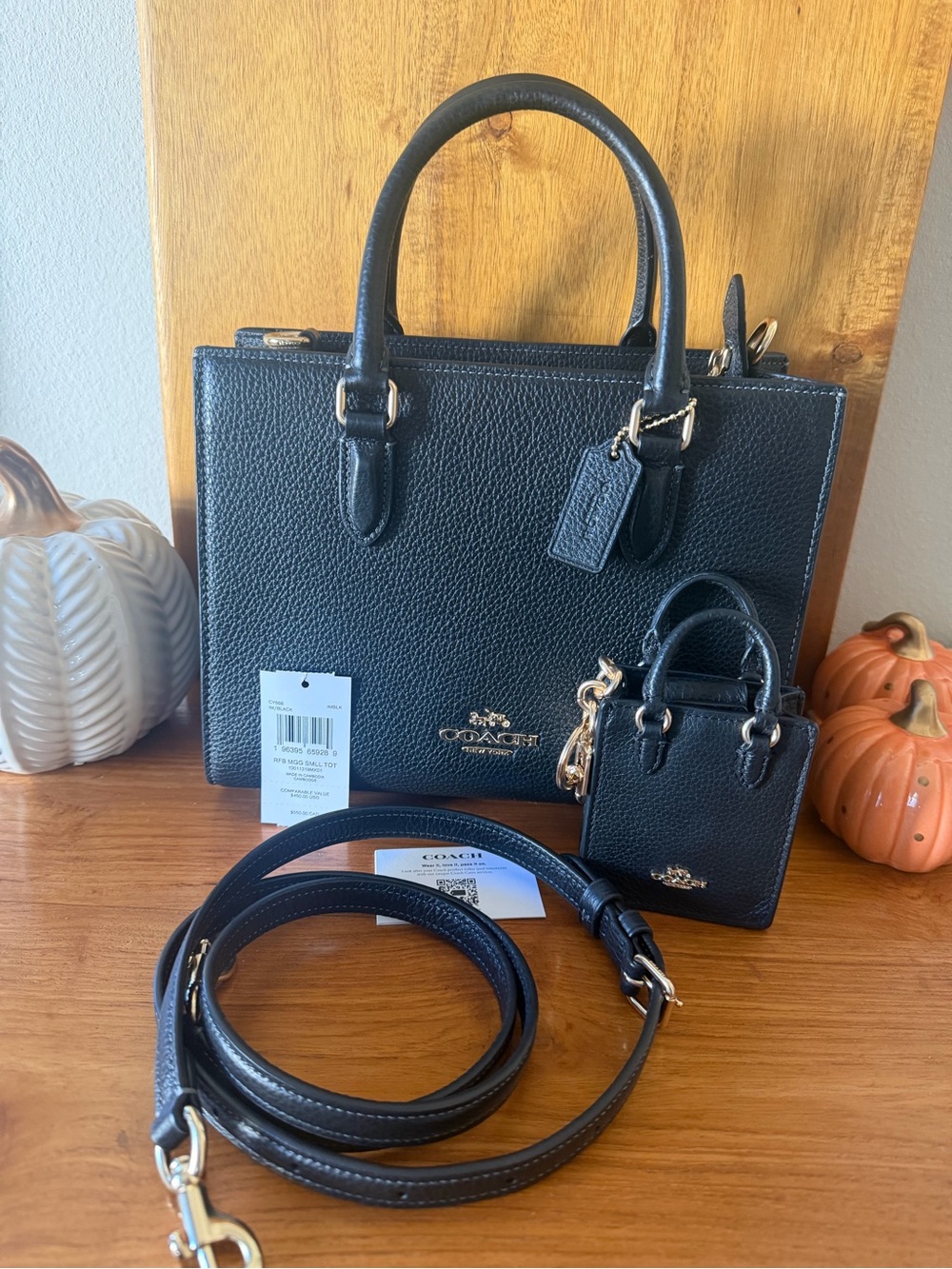 Coach Maggie Black Pebbled Leather Mini Tote with Strap and keychain